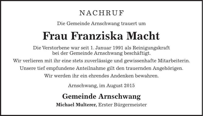 Traueranzeige Franziska Macht