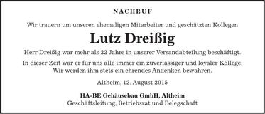 Traueranzeige Lutz Dreißig