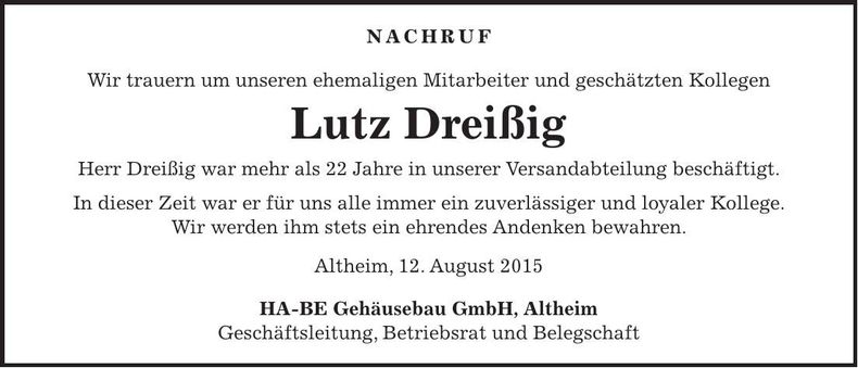 Traueranzeige Lutz Dreißig