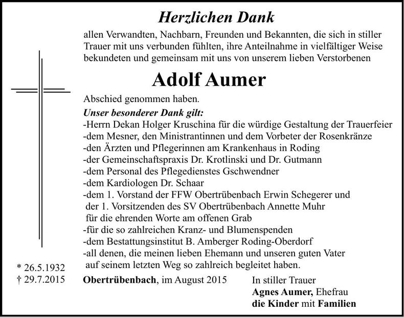 Traueranzeige Adolf Aumer