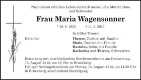Traueranzeige Maria Wagensonner