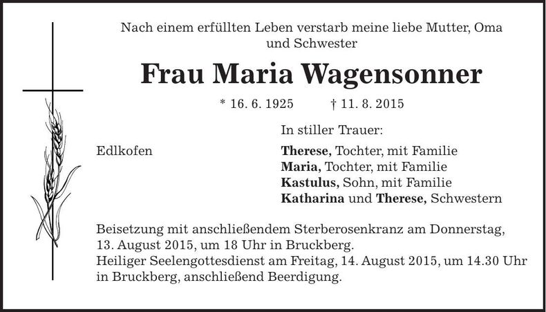 Traueranzeige Maria Wagensonner