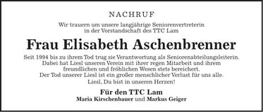 Traueranzeige Elisabeth Aschenbrenner