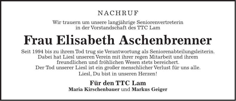 Traueranzeige Elisabeth Aschenbrenner