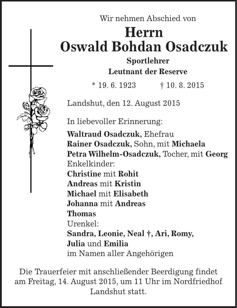 Traueranzeige Oswald Bohdan Osadczuk