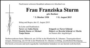 Traueranzeige Franziska Sturm