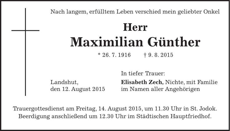Traueranzeige Maximilian Günther