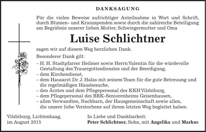 Traueranzeige Luise Schlichtner