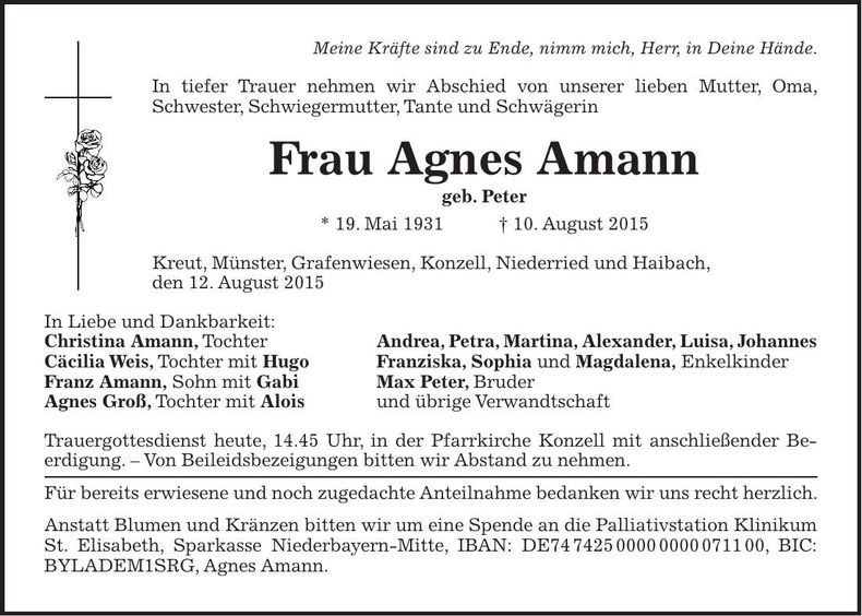 Traueranzeige Agnes Amann