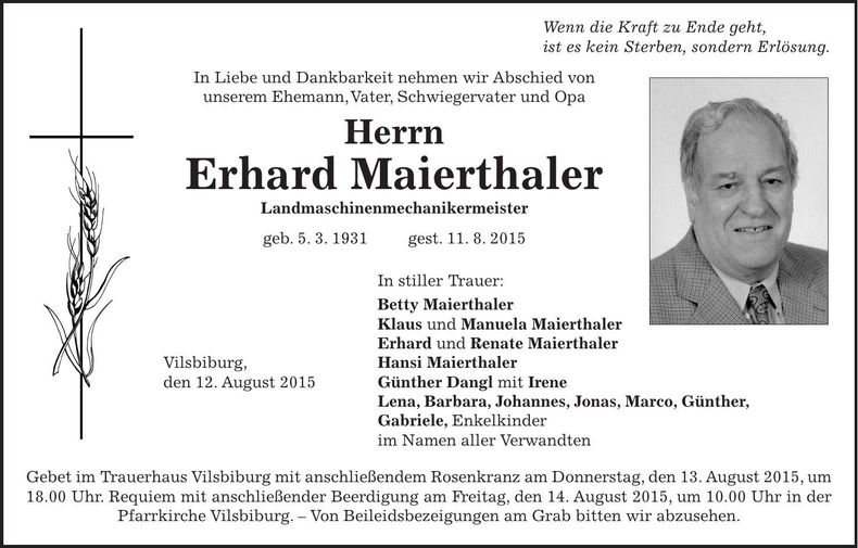 Traueranzeige Erhard Maierthaler
