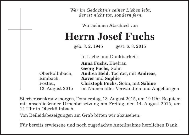 Traueranzeige Josef Fuchs