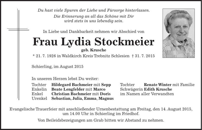 Traueranzeige Lydia Stockmeier