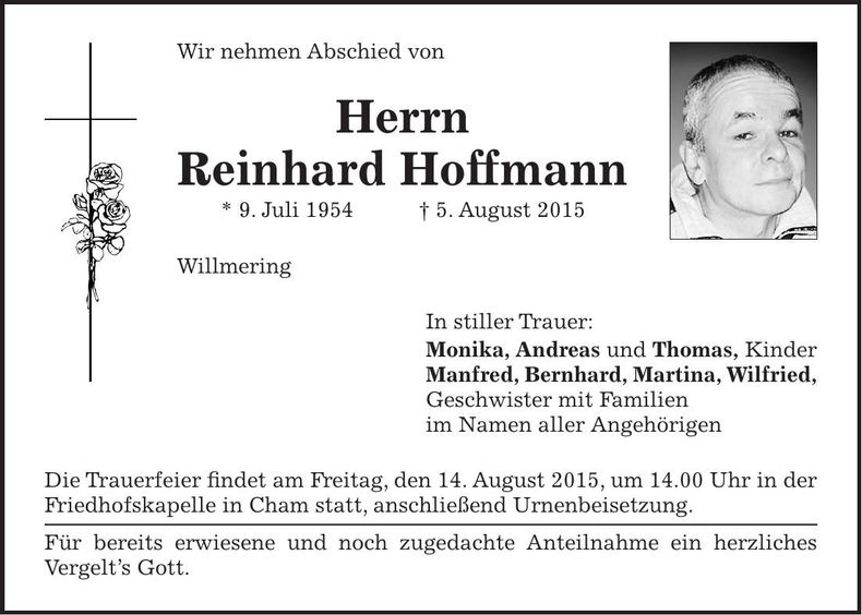 Traueranzeige Reinhard Hoffmann