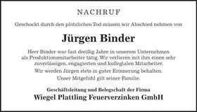 Traueranzeige Jürgen Binder