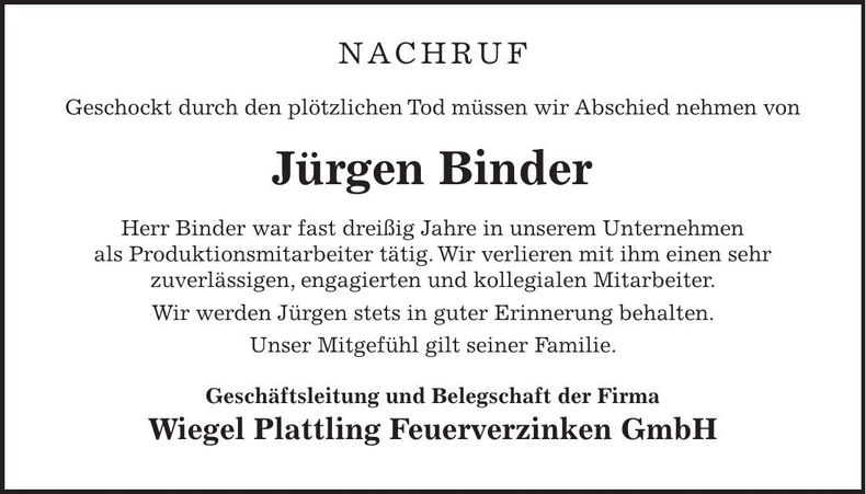 Traueranzeige Jürgen Binder