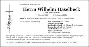 Traueranzeige Wilhelm Haselbeck