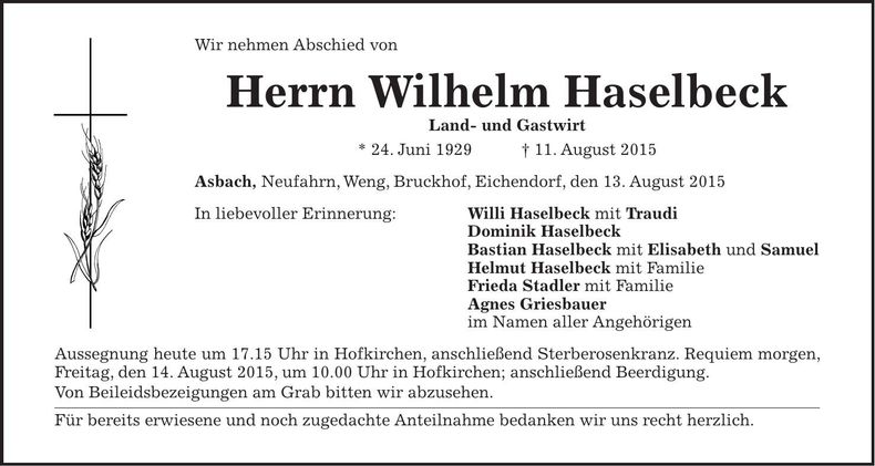 Traueranzeige Wilhelm Haselbeck