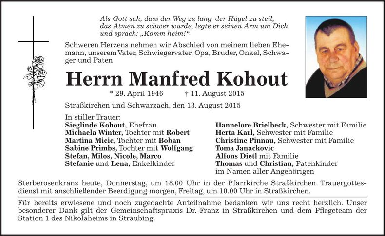 Traueranzeige Manfred Kohout