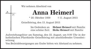 Traueranzeige Anna Heimerl