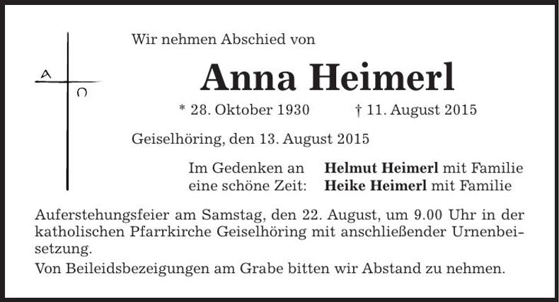 Traueranzeige Anna Heimerl