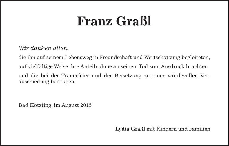 Traueranzeige Franz Graßl