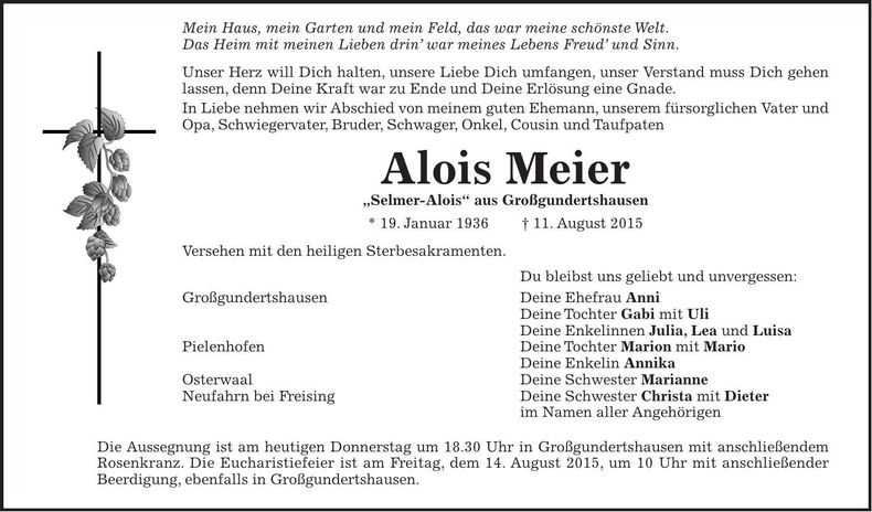 Traueranzeige Alois Meier