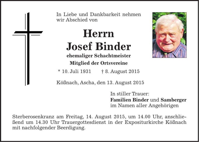Traueranzeige Josef Binder