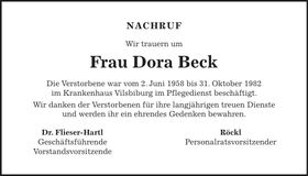 Traueranzeige Dora Beck