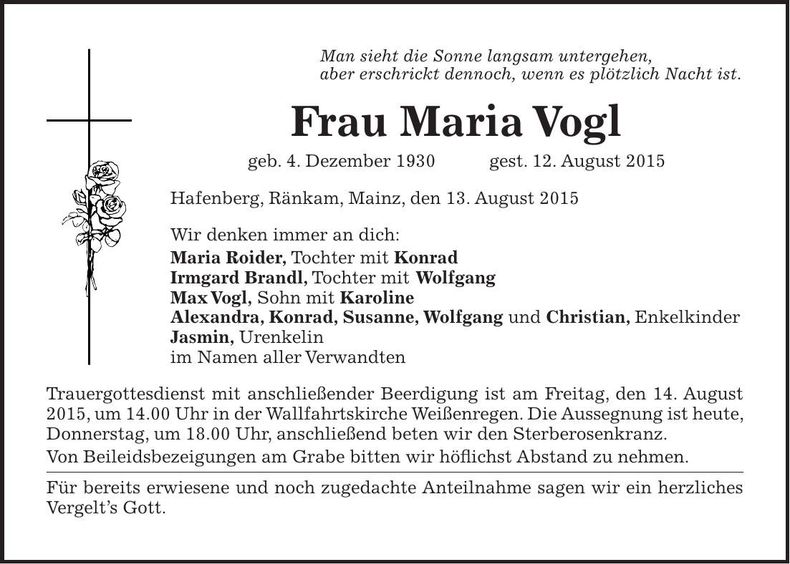 Traueranzeige Maria Vogl