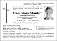 Traueranzeige Klara Stauber