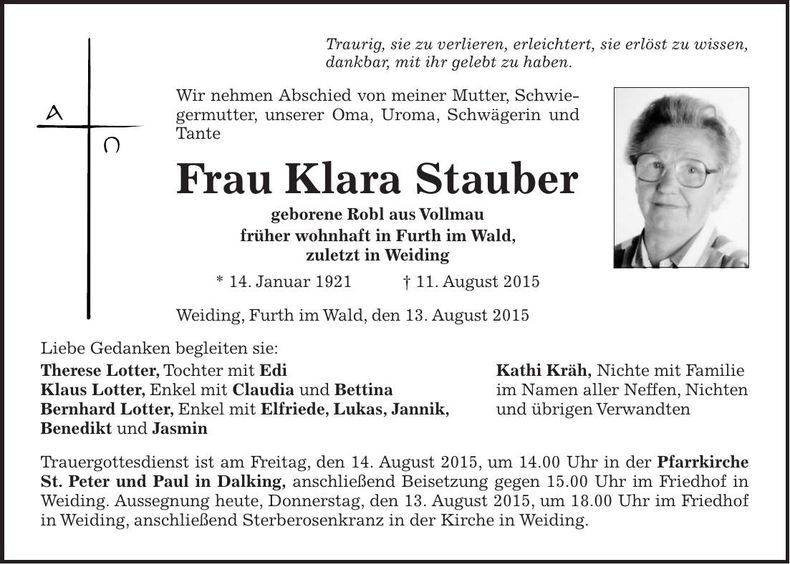 Traueranzeige Klara Stauber