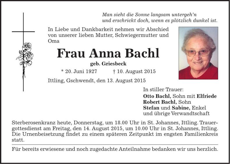 Traueranzeige Anna Bachl