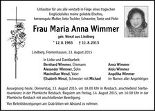 Traueranzeige Maria Anna Wimmer