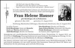 Traueranzeige Helene Hauser