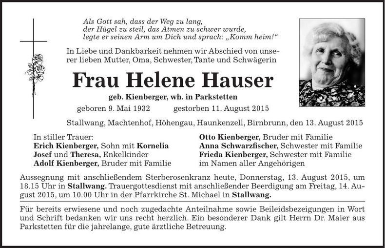 Traueranzeige Helene Hauser