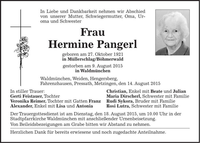 Traueranzeige Hermine Pangerl