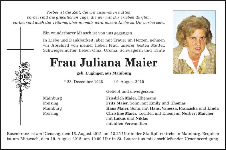 Traueranzeige Juliana Maier
