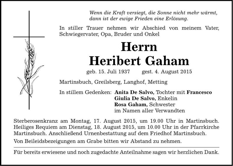 Traueranzeige Heribert Gaham