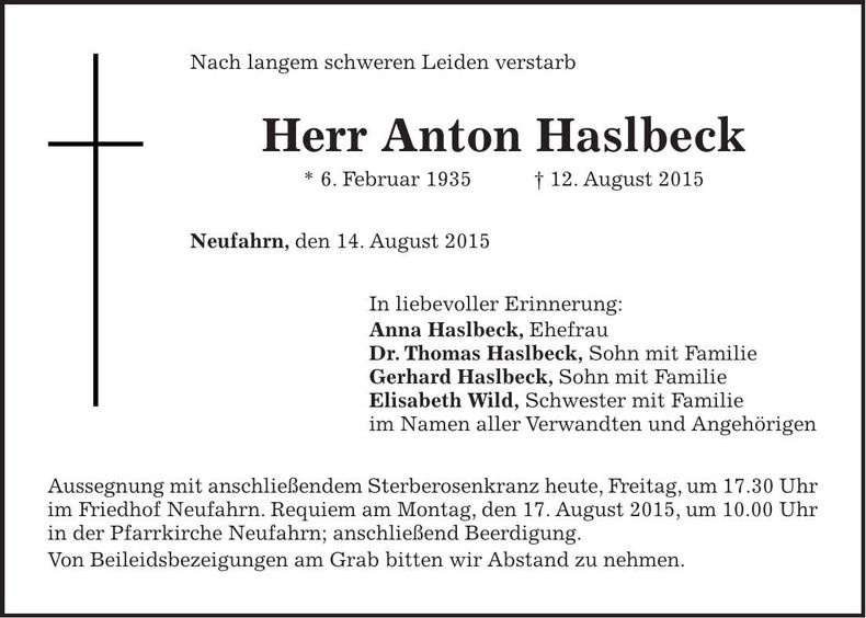 Traueranzeige Anton Haslbeck
