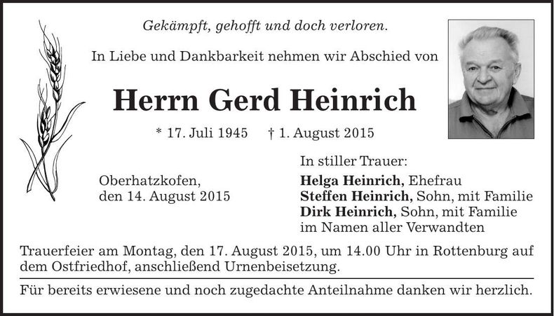 Traueranzeige Gerd Heinrich