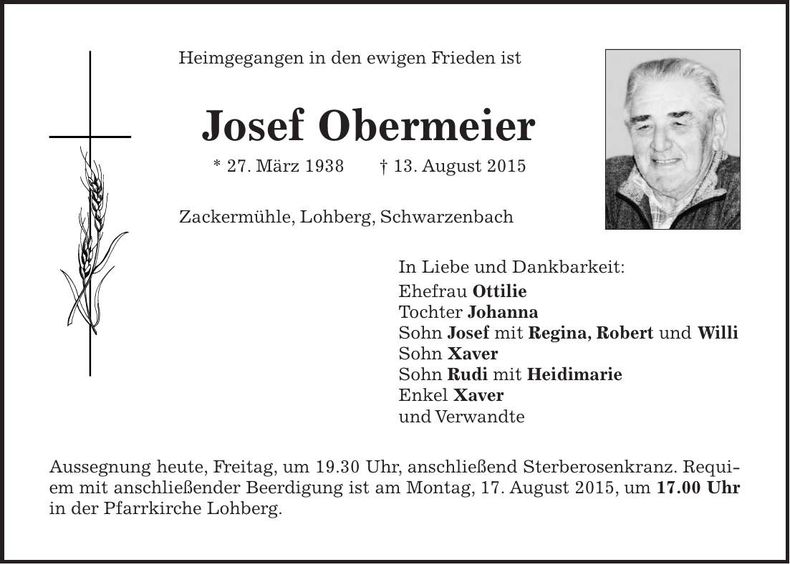 Traueranzeige Josef Obermeier