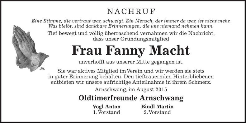 Traueranzeige Fanny Macht