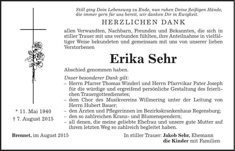 Traueranzeige Erika Sehr