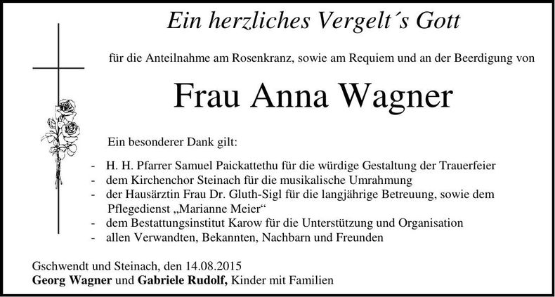 Traueranzeige Anna Wagner