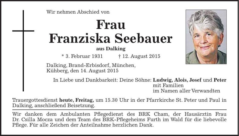 Traueranzeige Franziska Seebauer