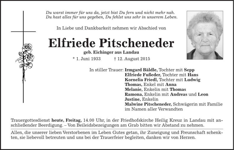 Traueranzeige Elfriede Pitscheneder
