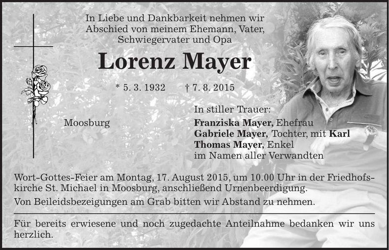 Traueranzeige Lorenz Mayer