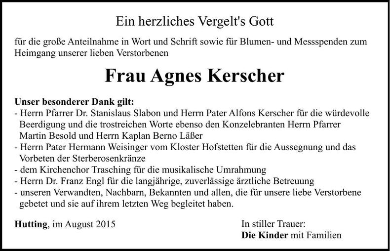 Traueranzeige Agnes Kerscher