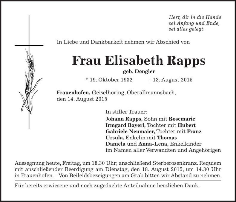 Traueranzeige Elisabeth Rapps