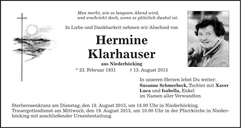 Traueranzeige Hermine Klarhauser